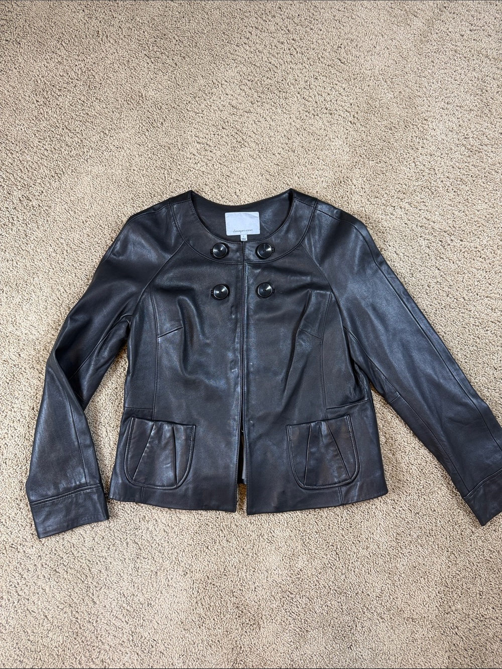 Classiques Entier | Black Leather Double-Button Collarless Jacket | L